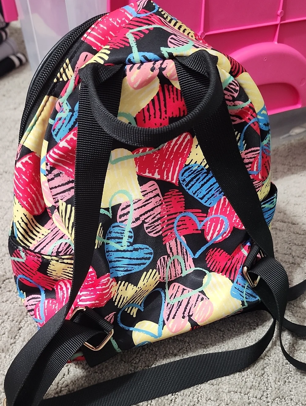 Heart-Print Mini Backpack - Black with Pink, Blue & Yellow Hearts